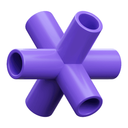 A 3D rendered geometric shape resembling a purple plastic pipe connector with six cylindrical openings arranged symmetrically, showcasing a modern and abstract design.